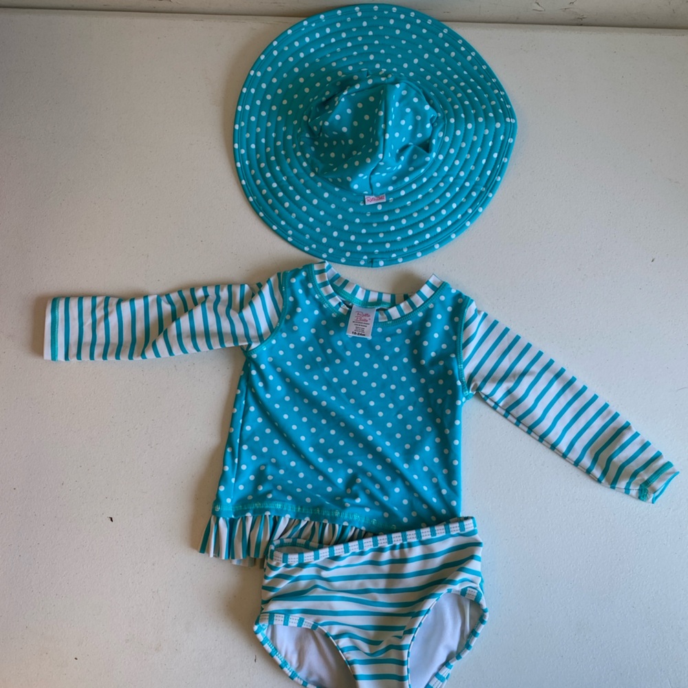 Ruffle Butts Aqua and White Striped Rashguard Set
